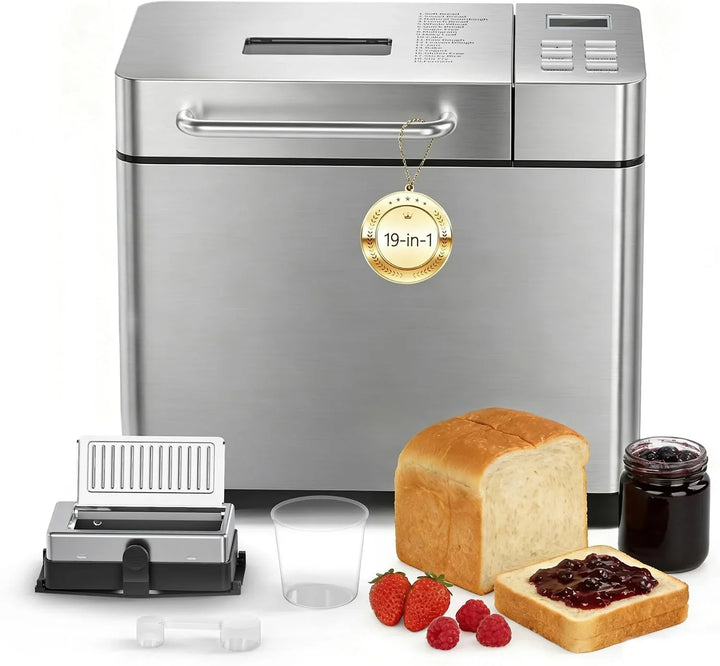 AIRFISH 19 en 1 Panificadora Inteligente con Dispensador Automático de Ingredientes, Panificadora de Pan con Programa Sin Gluten, 1000g/750g/500g, 15H Función Temporizador, Inoxidable
