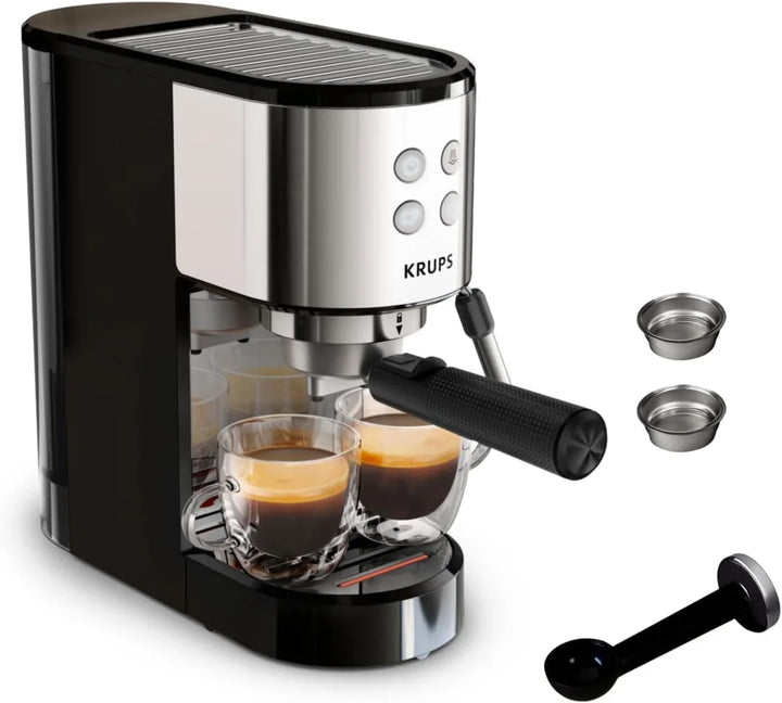 Krups Virtuoso Essential - Cafetera espresso 15 bar, acero inox negro, diseño compacto y elegante, parada automática, espresso y cappuccino, Thermoblock, boquilla de vapor, incluye cuchara, XP4418