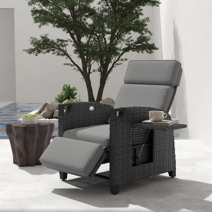 UDPATIO Sillón Ratán Jardin Exterior Reclinable, Tumbona de Jardín Ajustable 150°, con Respaldo Ajustable, Fundas + Extraíbles Cojines, Impermeable, para Interior y Exterior - Gris