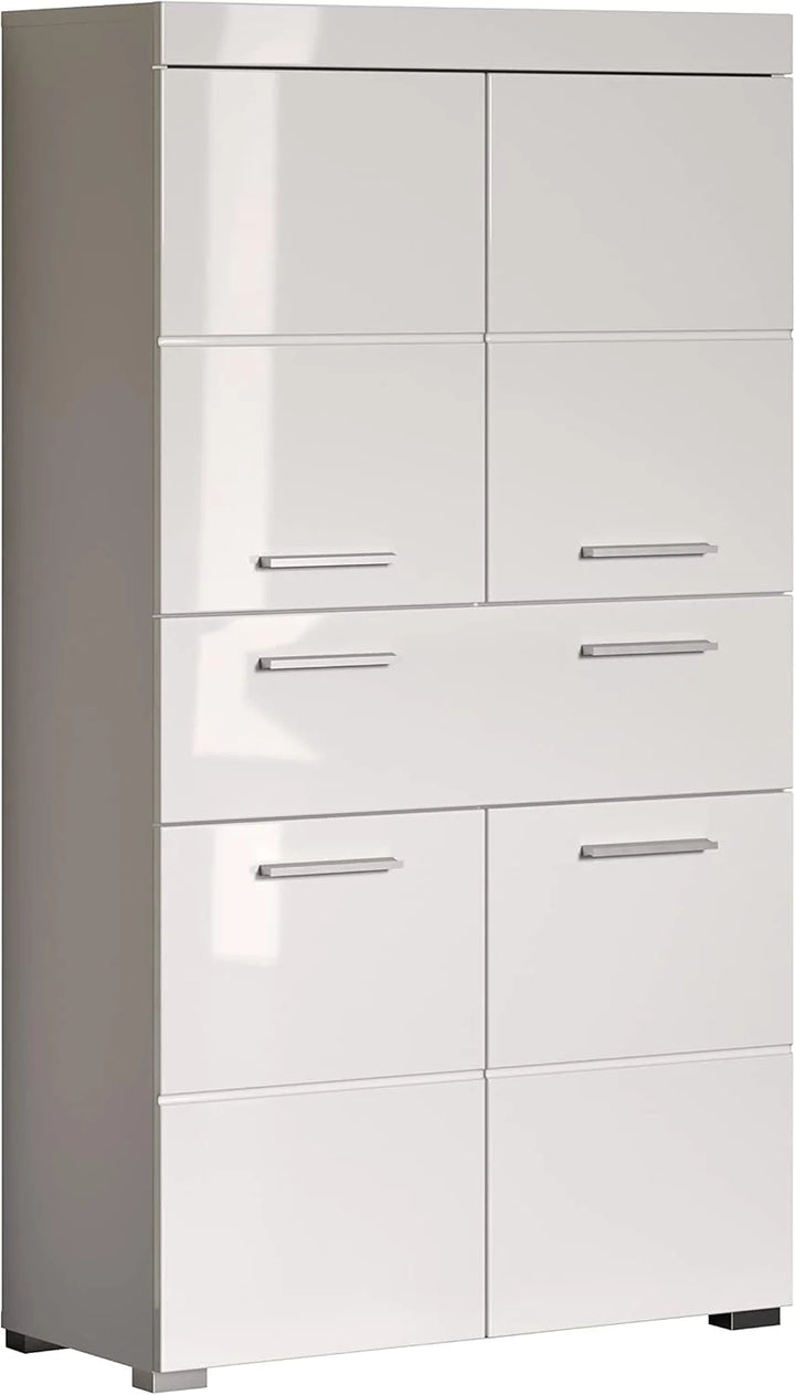 trendteam smart living Armario Alto para baño Amanda, 73 x 132 x 31 cm, en Blanco y Blanco de Brillo Intenso con cajón y abundante Espacio de Almacenamiento