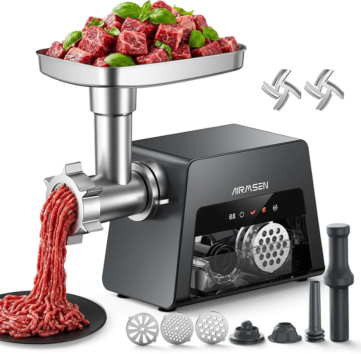 AIRMSEN Picadora de Carne Eléctrica 3 en 1, Aluminio Fundido a Presión,con Salchichas y Accesorios para Kubbe, 2500W Max, 2 Velocidades, Motor Silencioso, Ideal para Cocinas Familiares