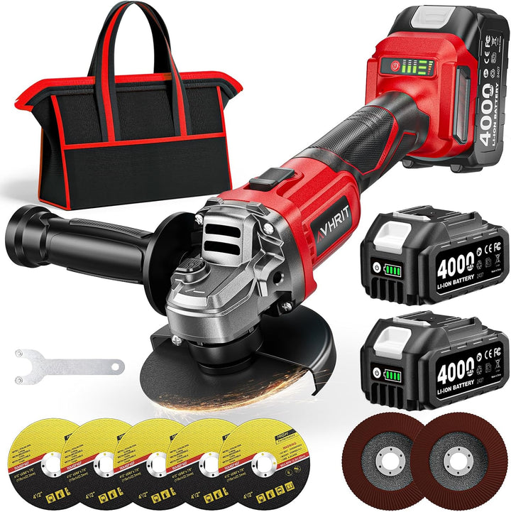Amoladora angular con batería, 10.000RPM Amoladora Angular inalámbrica Motor Sin Escobillas, 2X4000mAh, 3 Velocidades, Bloqueo de Spindle Rápido, Mango Anti-Vibración para Cortar, Desbastar