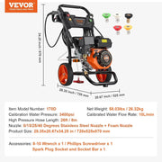VEVOR Lavadora de Alta Presión a Gas Vertical 3400 PSI 2,6 GPM Limpiador de Alta Presión 10 L/min con Bomba de Aluminio, Pistola Rociadora, Varilla de Extensión, 5 Boquillas para Casas, Vehículos