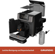 Grundig KVA 7230 Máquina automática de café, 10 especialidades de café, 13 niveles de molienda, tanque de leche, potencia de 1350 W, presión de bomba 19 bar, doble boquilla, iluminación, negro/plata