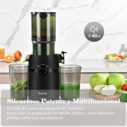 Fretta Extractor de Zumos y Verduras, Apertura de 108MM y Capacidad de 1L, Licuadora Prensado en Frio para Verduras Frutas Enteras, 200W Slow Juicer Machine, Fácil Montaje y Limpieza, Sin BPA (Negro)