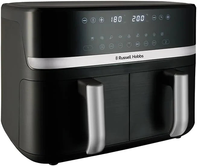 Russell Hobbs freidora de aire, freidora sin aceite, doble cesta 9 l, Air Fryer, ruido reducido, 9 programas, Rapid Air, máx. 200 °C, táctil, cestos aptos para lavavajillas, 2800 W, Satisfry 27681-56