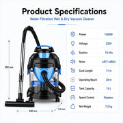 Aspiradora Profesional, 1500W Para Seco/Húmedo Con Depósito 15L ABS