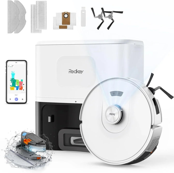 Redkey D8 Robot Aspirador y Fregasuelos, 25000Pa Aspirador Robot con Base, 4L Auto-Vaciado, Anti-Enredo de Cabello, Navegación LiDAR, Ideal para Alfombras y Pelos de Mascotas, Voz y aplicación