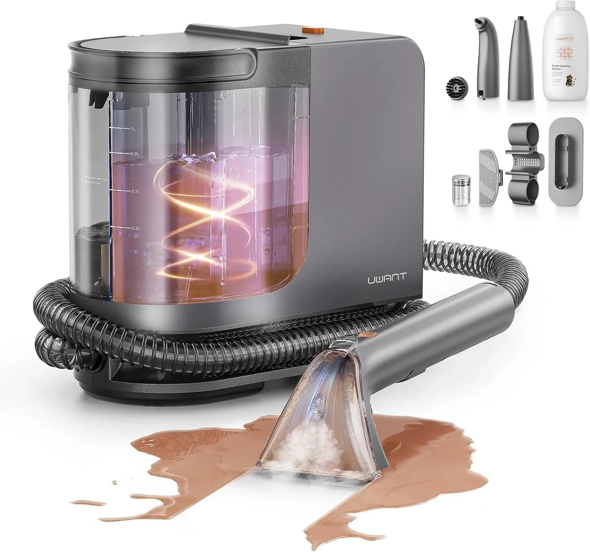 Uwant Limpiador de Tapicerías con Sistema de Vapor y Agua Caliente, 18kPa de Potente Succión, Limpiador Portátil con 4 Herramientas de Limpieza y Solución Incluida, para Sofás set of 1