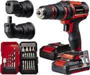 Einhell Taladro con batería TE-CD 18/45 3X-Li+22 Power X-Change (18 V, 45 Nm, portabrocas desmontable, pieza angular y excéntrica, set de puntas de 22 piezas, 2 baterías de 2,0 Ah, cargador + E-Box)