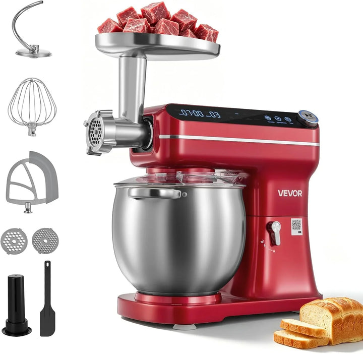 VEVOR Batidora Amasadora 1000 W, Bol de 7 L, con Picadora de Carne, Rojo
