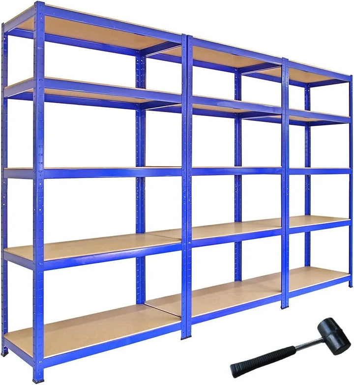 3 Estanterías Azules Metalicas T-Rax Sin Tornillos 90x45x180cm con 5 Estantes Baldas Repisas Capacidad Peso 280kg por Estante Almacenamiento Almacenaje Herramientas Taller Garaje + Mazo de Goma GRATIS