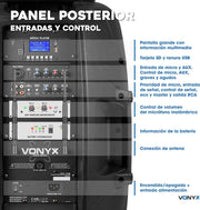 Vonyx Verve46 Powerful Bluetooth Speaker 1000 W, Portable Powered Speaker with Karaoke Microphone, Bluetooth Speaker USB, SD, MP3, AUX, 2 UHF Microphones, Remote Control, Subwoofer 15 Inches, Black