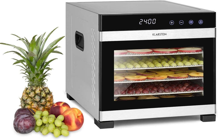 Klarstein Flavour Dry Deshidratador de alimentos, Carcasa inox., 6 bandejas inox., Temperatura: 35-75 °C, Pantalla táctil LCD, Temporizador: 30 min-24h, 360° Airflow Circulation, Termostato digital