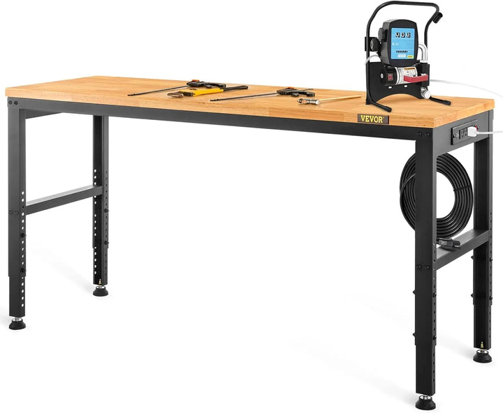 VEVOR Banco de Trabajo 1220x508 mm Mesa de Taller Altura Ajustable 719-968 mm Carga de 900kg con Toma de Corriente Mesa de Madera Marco de Metal Almohadillas para los Pies para Oficina, Garaje