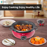 ICOOK 6.5 cuartos de galón de cocción lenta USC-65-OP001RD, olla de aluminio para estofado, apta para lavavajillas, tapa de cristal, temperatura ajustable, calentador de alimentos, rojo