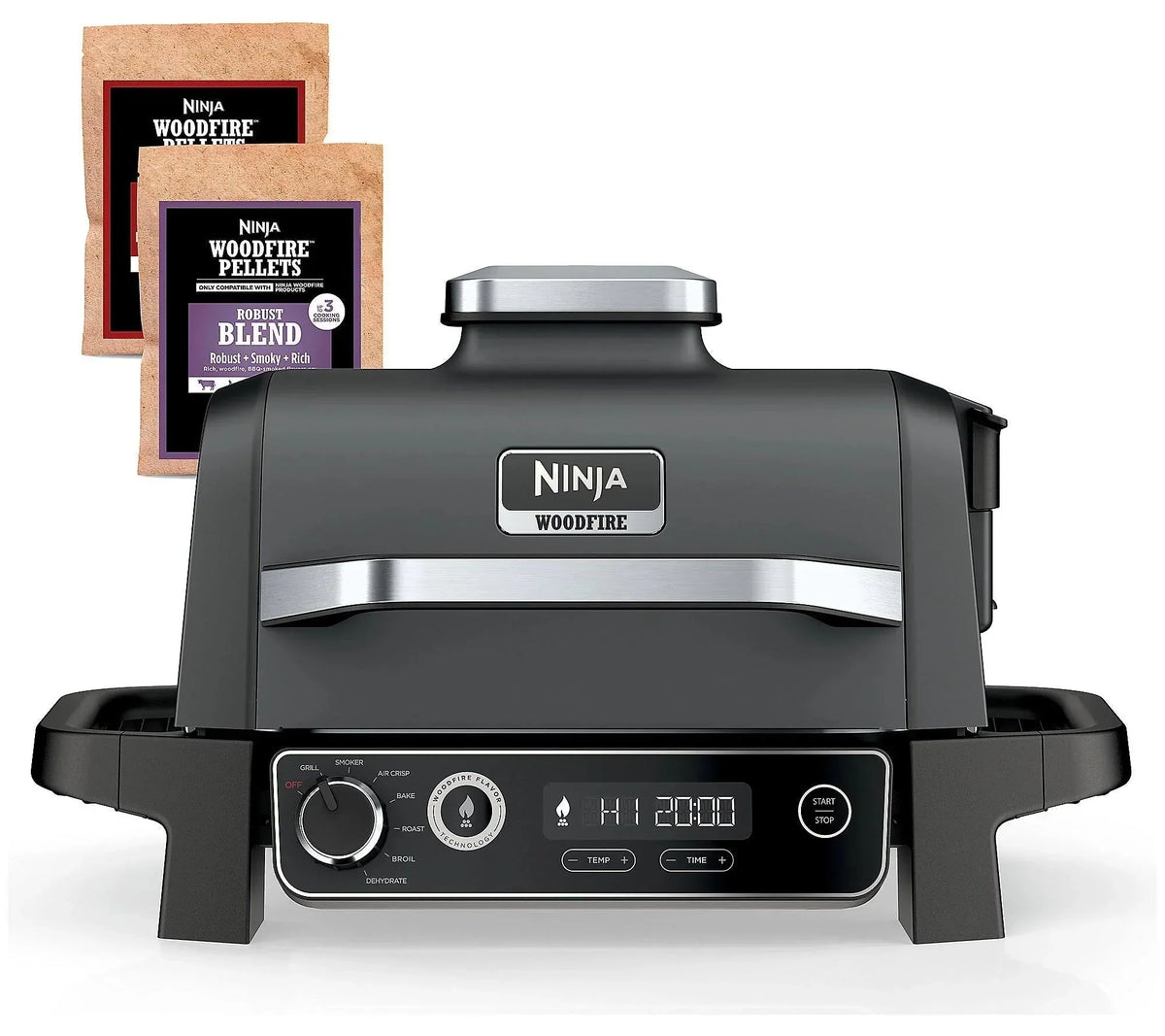 2025 Parrilla eléctrica exterior Ninja Woodfire 7 en 1 con función de ahumador y freidora de aire caliente – Gris