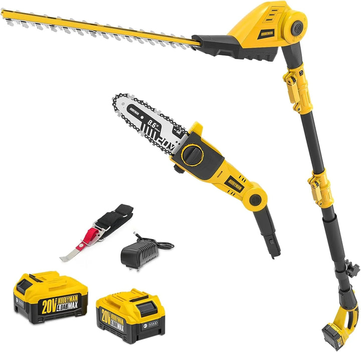 Alloyman 20V MAX Cortasetos y Motosierra Telescópica Inalámbricos 2 en 1, con 2 baterías de 4,0 Ah y Cargador, 2,4 m de Sierra y Cortasetos telescópicos para arbustos y setos