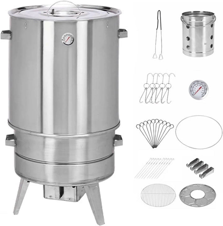 Ahumador Barril Asador De Carne Material De Acero Inoxidable Asador De 360° Incluye Termómetro Y Recipiente para Cenizas 50 Cm De Diámetro Parrillero