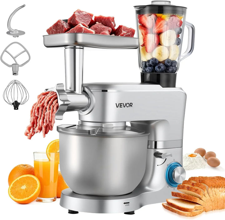 VEVOR Procesador de Alimentos Eléctrico Multifuncional, 1500 W, Bol de Acero Inoxidable 6 L y Bol para Mezclar 1,5 L, con 6 Velocidades + P, Gancho para Amasar, Batidor de Varillas y El Plano