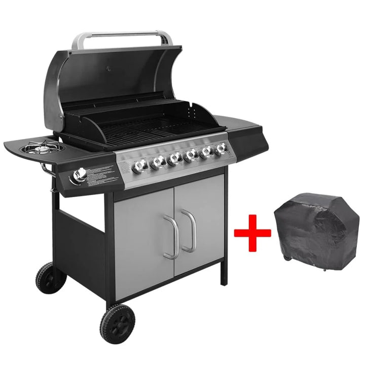Barbacoa Grill De Gas 6+1 Quemadores Negra Y Plateada Vidaxl