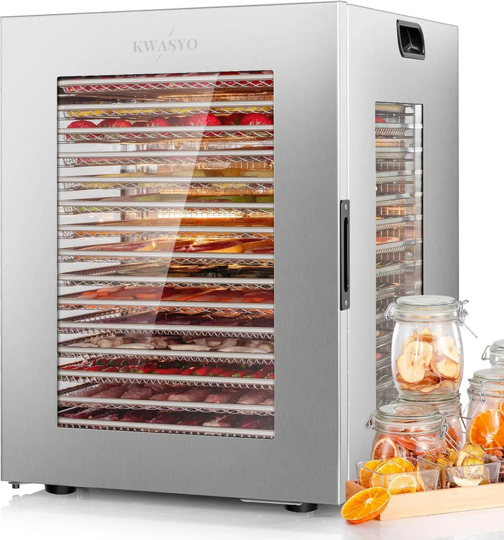 Kwasyo Deshidratador Alimentos 15 Bandejas Inox, 1200W Doble Ventilador, para Carne, Fruta, Snacks Perros, Hierbas, Temp. Ajustable 90°C, Temporizador 24H, Ventanas Múltiples, Secado Potente