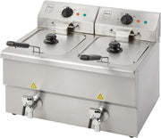 METRO Professional Freidora Doble GDF5028, Acero Inoxidable SS304, 2x 8 L, con Grifo, Regulador de Temperatura, Zona Fría, Plateado