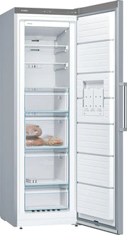 Bosch - Congelador Vertical NoFrost, Serie 4, alto 186 x ancho 60 cm, 242 L, Cajones BigBox para alimentos grandes, Sistema Multiairflow, Acero, GSN29VIEP