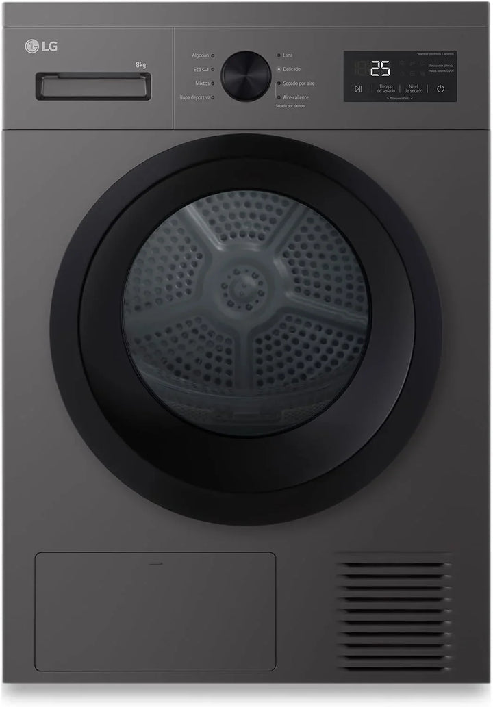 LG RHA1008NDK - Secadora de Ropa 8kg, Bomba de Calor y Carga Frontal, D, Secadora LG Serie 100, 65 dB, Secado por Bomba de calor, LED Display, Ahorra Energía y Tiempo, Color Grafito