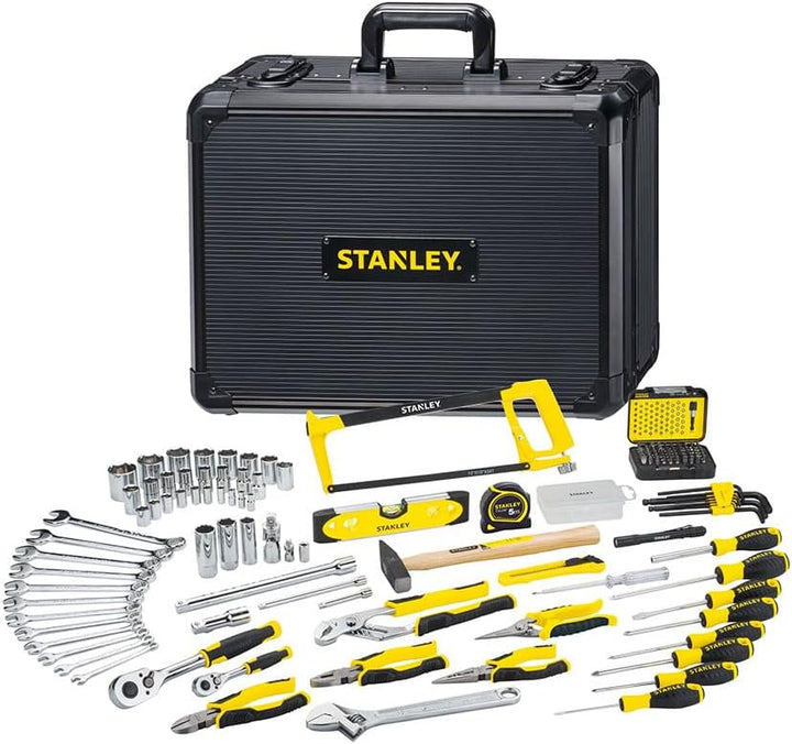 STANLEY Maletín de Mantenimiento 142 Piezas, Alicates, Llave, Nivel, Medidor, Destornillador, Sierra para Metales, Cúter, Martillo, Herramientas para Atornillar, STMT98109-1