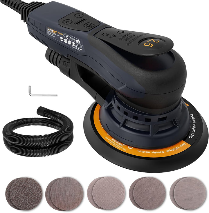 MAXXT Lijadora Orbital Aleatoria 2.5mm Sin escobillas 230V Multifuncional Velocidad Variable Eléctrica Corded Orbital Lijadora Máquina con 10 Papel de lija para trabajar la madera