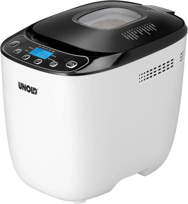 Unold Backmeister Design 68010 - Máquina para hacer pan, hasta 1.000 g de peso, color blanco y negro, 550 W, sin BPA, carcasa Cool-Touch, 12 programas almacenados, pantalla LCD