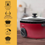 ICOOK 6.5 cuartos de galón de cocción lenta USC-65-OP001RD, olla de aluminio para estofado, apta para lavavajillas, tapa de cristal, temperatura ajustable, calentador de alimentos, rojo