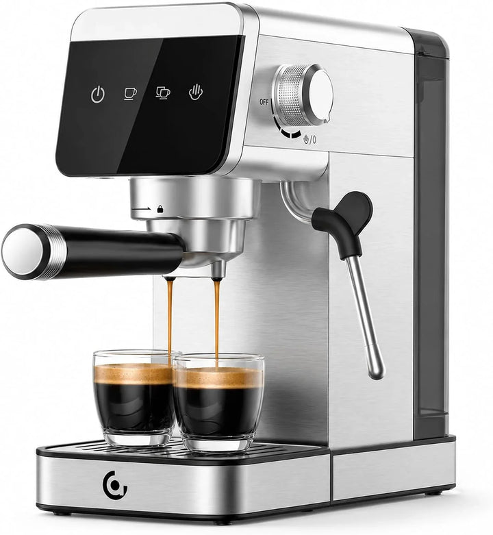 AMZCHEF Cafetera Espresso 20 Bares con Espumador de Leche, 1350W de Acero Inoxidable con Pantalla LED y Depósito Extraíble de 1,2 L, Diseño Compacto para el Hogar
