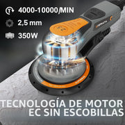 Lijadora orbital ONEMANA 150mm: lijadora electrica sin escobillas, excéntrica 2,5mm, 350W, 6 vel. 4000-10000rpm, recogida polvo, disco 150mm. Lijadora madera