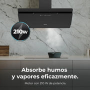 Cecotec Campana Decorativa 90 cm Flux Dt 908000 Glass Black A++. Vidrio Negro, 800M3/H de Potencia, Motor 210W, A++, Control Táctil, 3 Niveles + Booster, Hand Movement Control