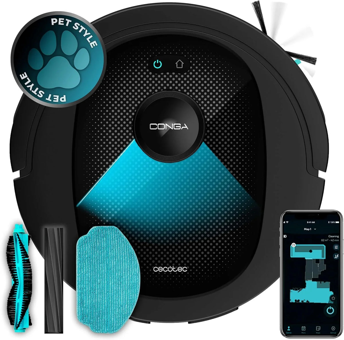 Cecotec Robot Aspirador y Friegasuelos Conga 8490 Ultimate Ultra Power. Navegación Láser, App, Barre, Aspira, Friega y Pasa la Mopa, 7000 Pa, hasta 170 Min Autonomía, Cepillo Central de Silicona