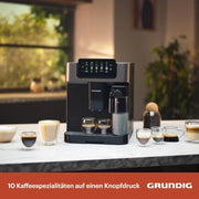Grundig KVA 7230 Máquina automática de café, 10 especialidades de café, 13 niveles de molienda, tanque de leche, potencia de 1350 W, presión de bomba 19 bar, doble boquilla, iluminación, negro/plata