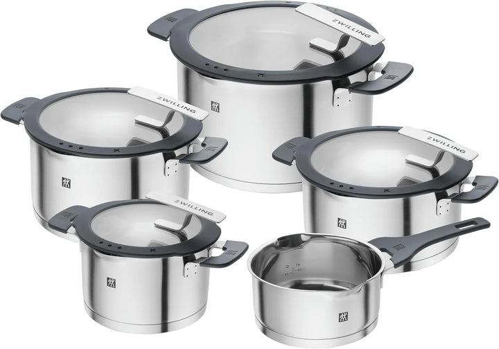 ZWILLING Simplify Edelstahl-Kochtopfset, 5-teilig, Mit integriertem Sieb im Deckel, Induktionsgeeignet, Silber-Schwarz