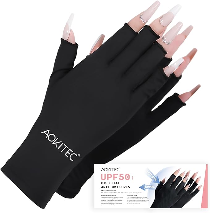Aokitec UV Gloves for Nails - UPF50+ UV Protection Gloves for Gel Manicures, Anti-UV Gloves for Gel Nail Lamp Fingerless UV Gloves for Nail Art Skin Care Protect Hands from UV Harm (Black)