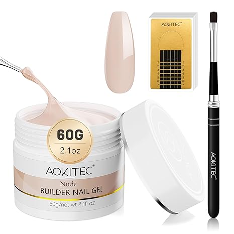 Aokitec Builder Nail Gel Kit - 60g Nude Hard Gel for Nails HEMA-Free Builder Gel for Apex Building, Nail Repair & Overlay