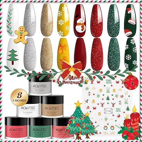 Aokitec 8 Colors Dip Powder Set - Nail Dip Powder Christmas Series