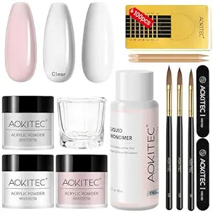 Aokitec Acrylic Powder Nail Kit - 3 Colors Nail Extension & 3D Carving Powder for Salon & Home Use Nail Art Supplies