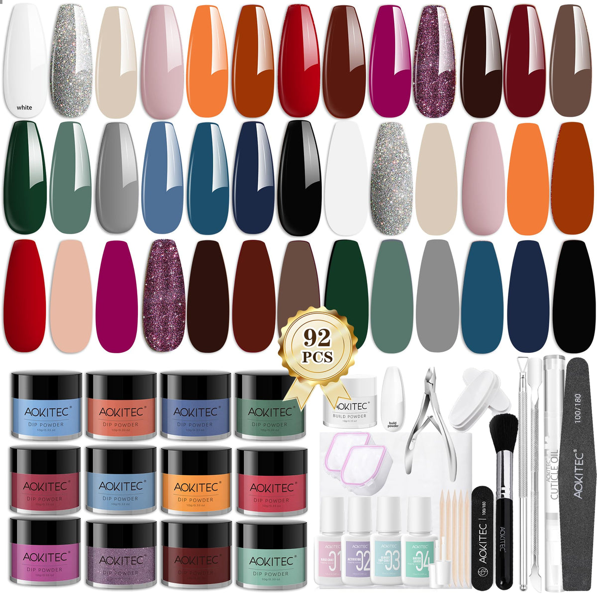 Aokitec 92 PCS Dip Powder Nail Kit with Everything - 20+1 Colors Dip nail Powde Set