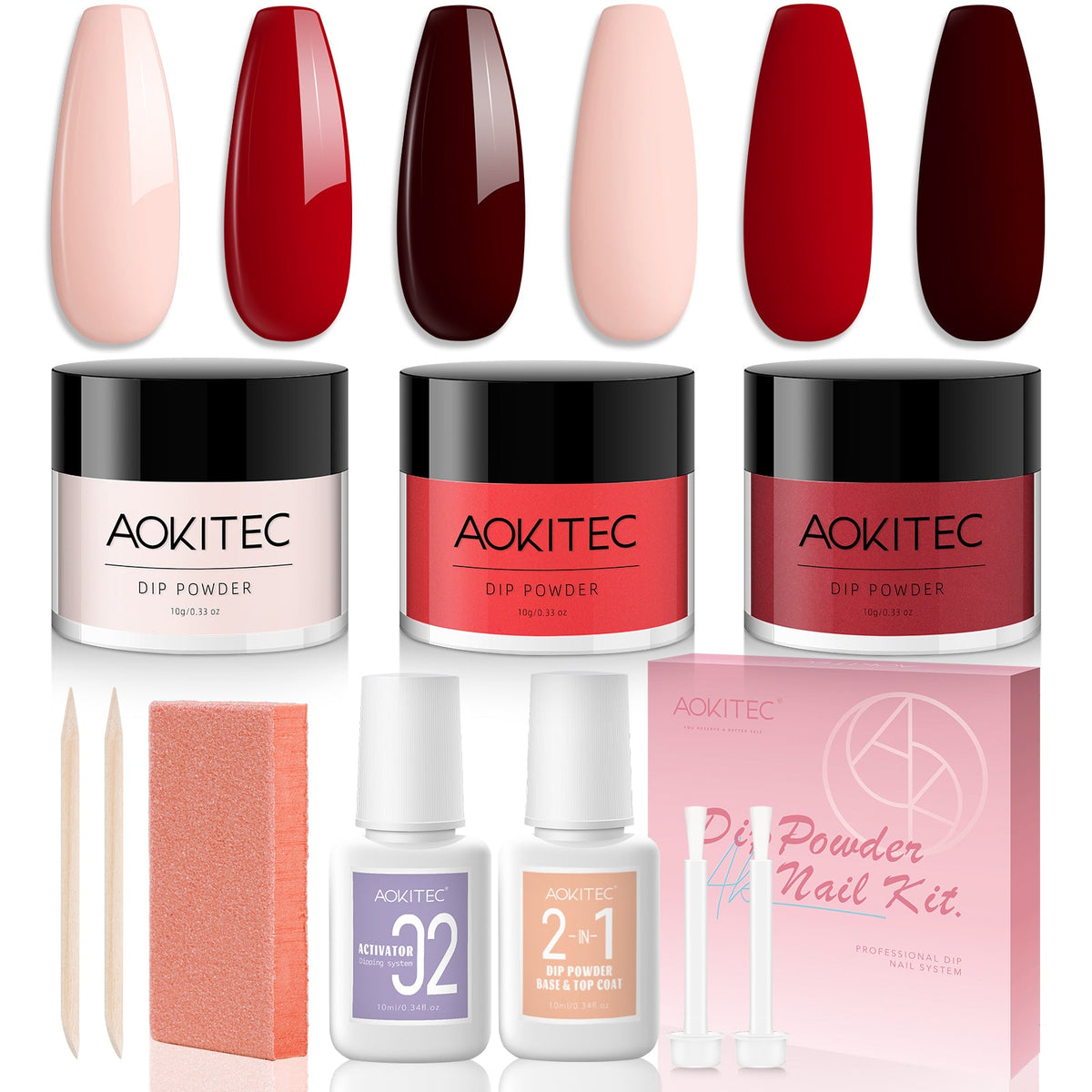 Aokitec 3 Colors Dip Powder Nail Kit - Pink Red Wine Red Dip Powder With Nail Tools