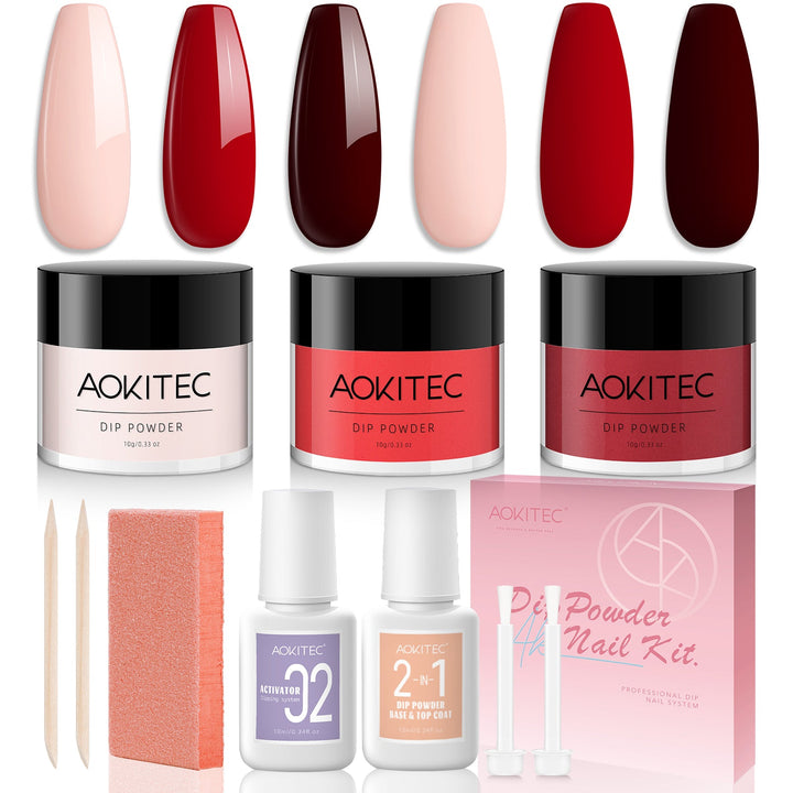 Aokitec 3 Colors Dip Powder Nail Kit - Pink Red Wine Red Dip Powder With Nail Tools