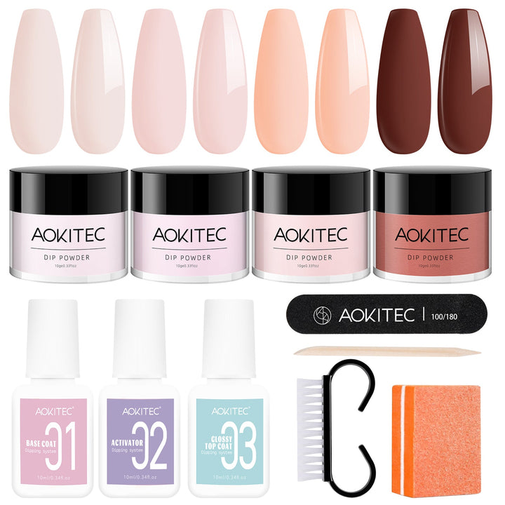 Aokitec Dip Powder Nail Kit - Sheer/Light Pink, Nude Pink, Brown Dip Powder with Dip Base Top Activator Nail Tools 11pcs