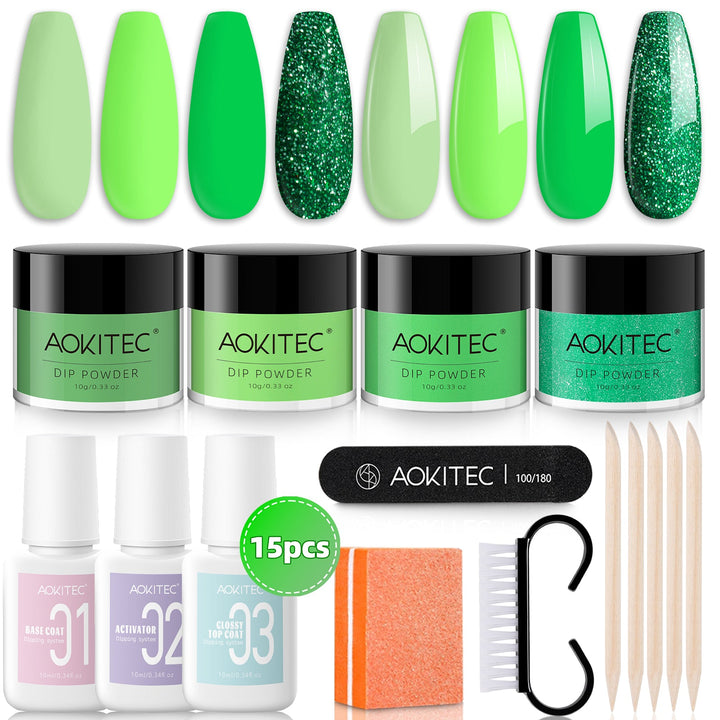 Aokitec Dip Powder Nail Kit - Spring Set Green Series Colors Dip Powder with Dip Liquid & Nail Tools 15PCS