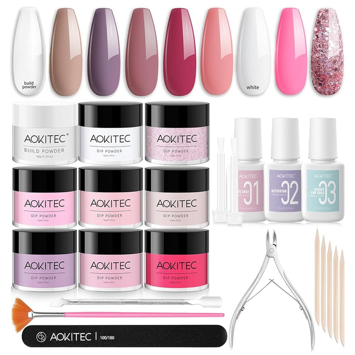 Aokitec White Pink Red Glitter 8＋1 Colors Dipping Powder Liquid Set