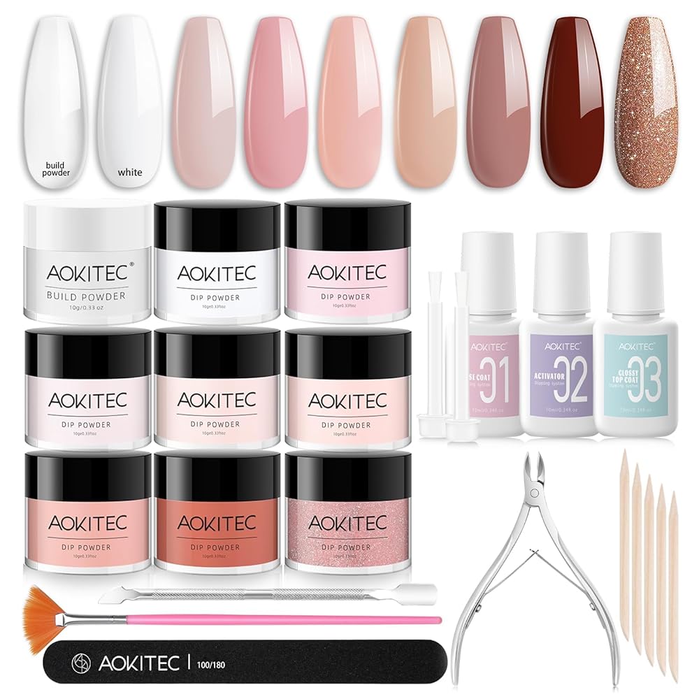 Aokitec Fall Series Dip Powder Nail Kit  White Nude Pink Brown Giltter 8＋1 Colors